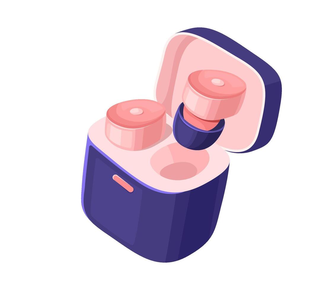 draadloze oordopjes in roze en blauw met opladen geval. vector illustratie van geïsoleerd modern koptelefoon. detailopname, helder kleuren.