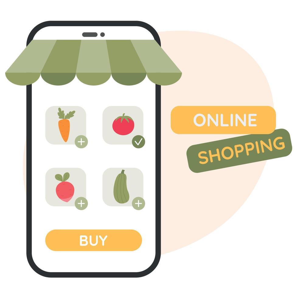 online onderhoud Aan telefoon scherm voor buying groenten. telefoon sollicitatie. online boodschappen doen concept. vector illustratie in vlak stijl