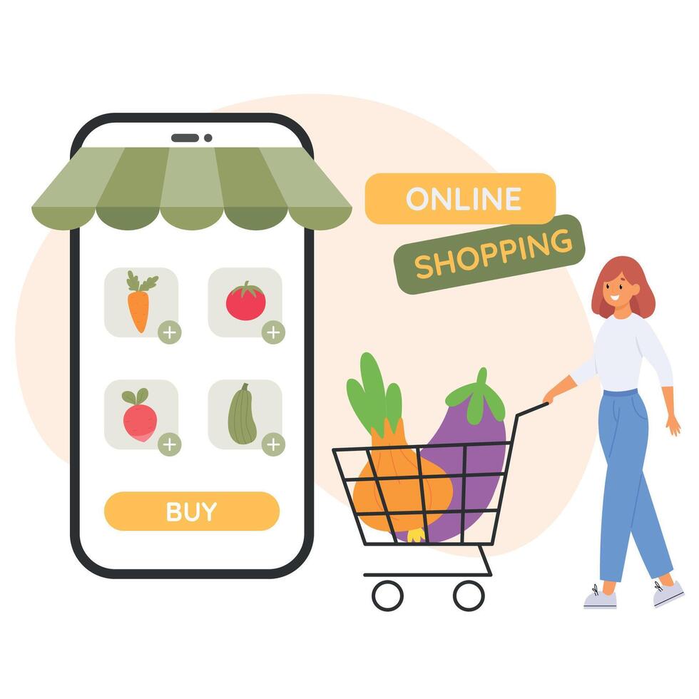 vrouw klant kiezen groenten Aan mobiel app, wandelen met vol boodschappen doen kar. online onderhoud. vector illustratie in vlak stijl