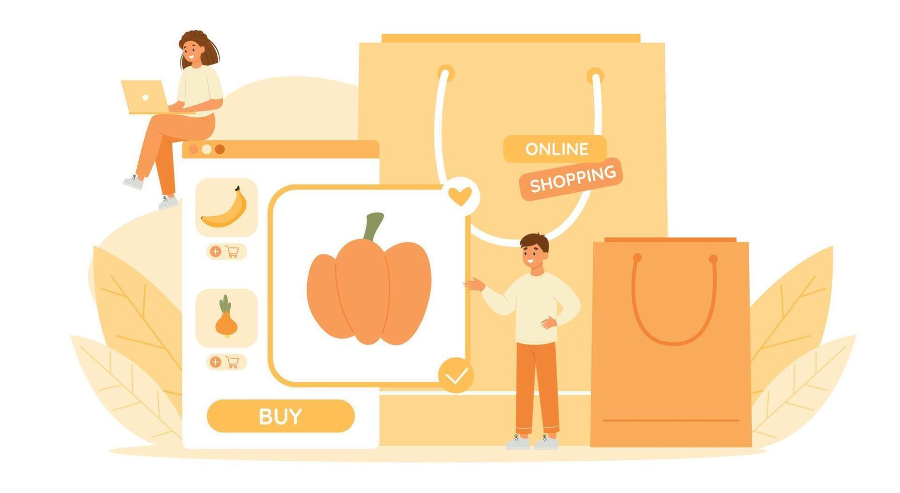 online bestellen concept. karakter buying groenten van online winkel. kruidenier bestellen Aan telefoon sollicitatie. vector illustratie