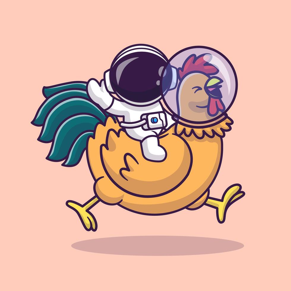 schattig astronaut rijden astronaut kip en golvend hand- cartoonvector icoon illustratie. wetenschap dier icoon concept geïsoleerd premie vector. vlak tekenfilm stijl vector