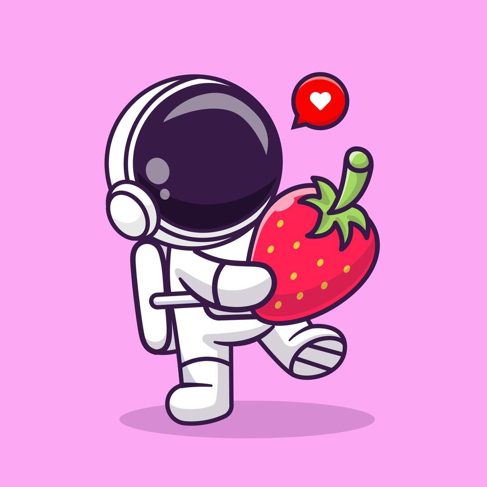 schattig astronaut brengen aardbeien fruit tekenfilm vector icoon illustratie. wetenschap voedsel icoon concept geïsoleerd premie vector. vlak tekenfilm stijl