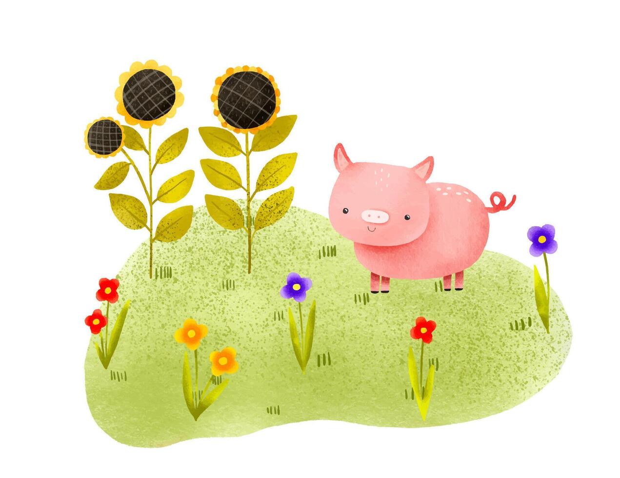 dieren wandelen Aan de gazon tussen de bloemen. hand- getrokken landschap illustratie Aan geïsoleerd achtergrond. schattig kinderen hand getekend samenstelling voor decor, kaarten en uitnodigingen. vector