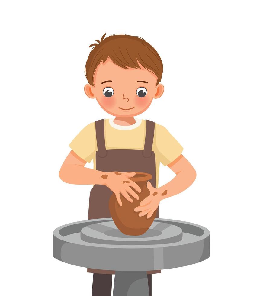 schattig weinig jongen maken keramisch pot Aan pottenbakkerij wiel in een werkplaats vector