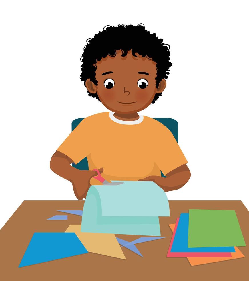 schattig weinig Afrikaanse jongen snijdend gekleurde papier met schaar maken hart vorm papier besnoeiing kunst ambacht vector