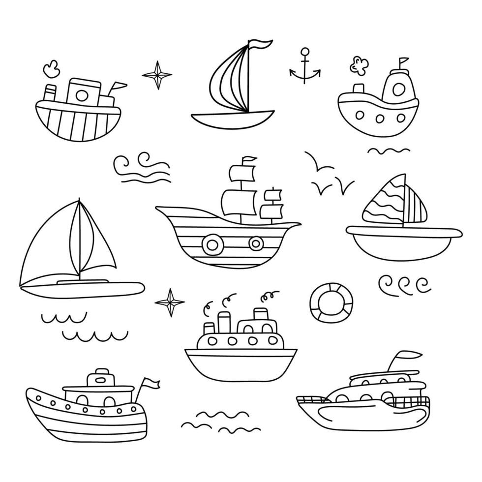 reeks van schepen in tekening stijl. vector illustratie.