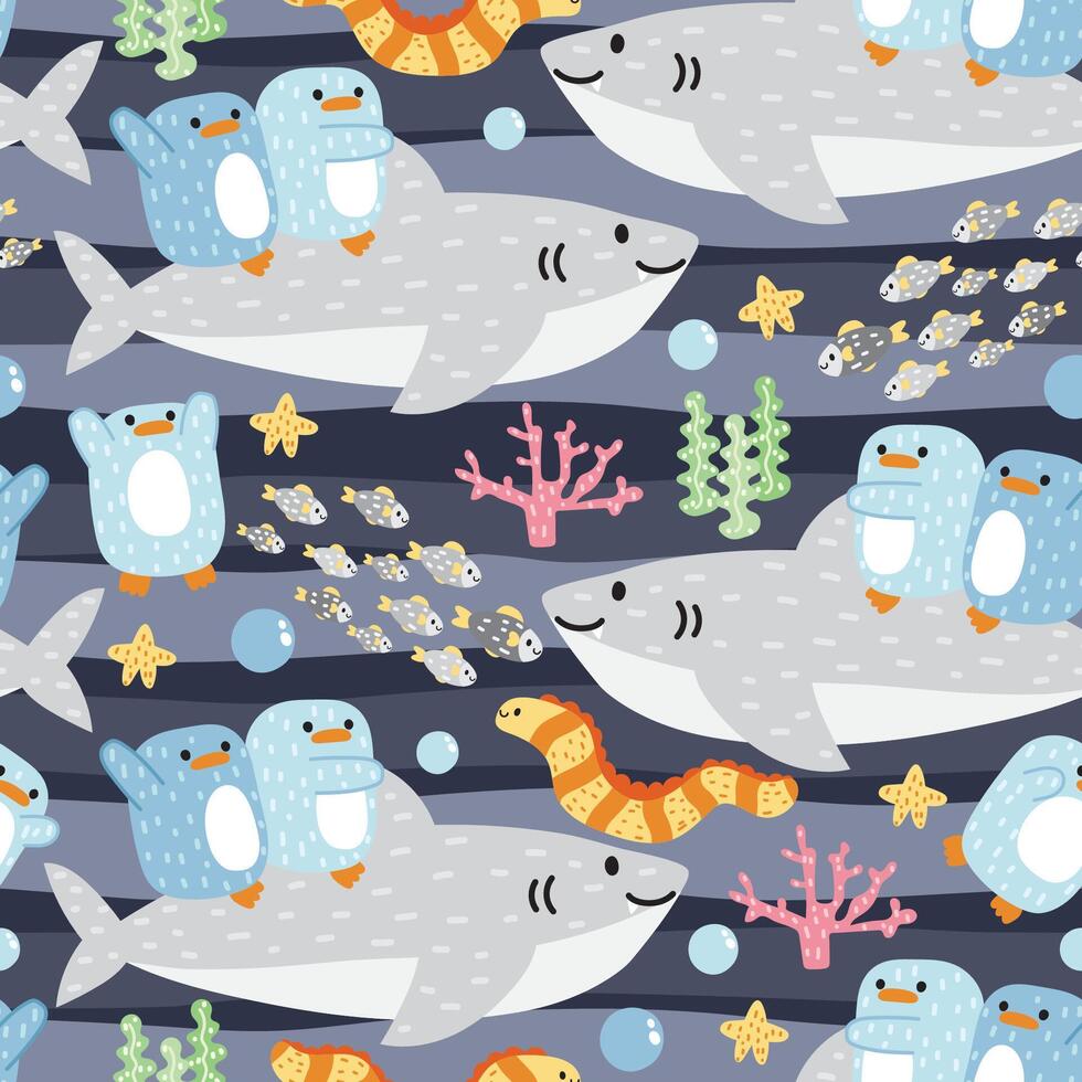 naadloos patroon van pinguïns zitten Aan haai zacht haar- tekenfilm stijl hand- getrokken.zee leven en vogel dier karakter.coral.ocean.summer.under water.kawaii.vector.illustratie. vector