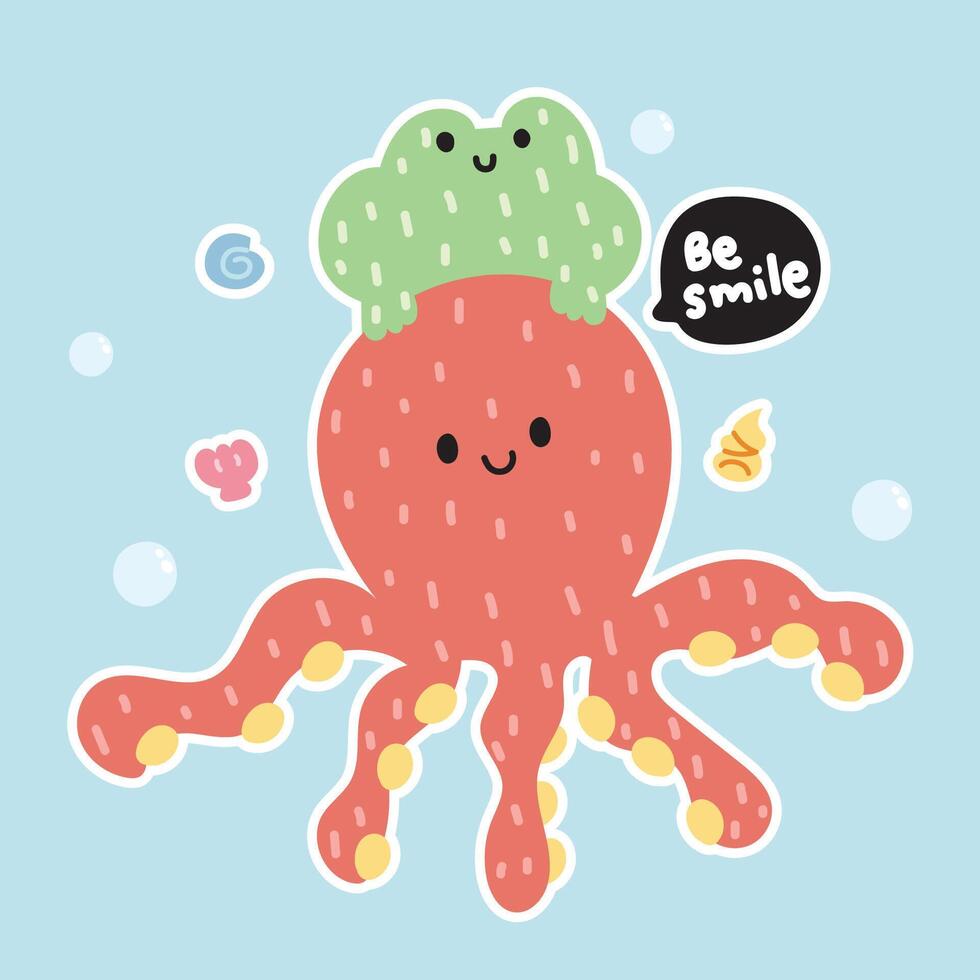 schattig Octopus en kikker zacht haar- met schelp oceaan achtergrond.zee leven en reptiel dier karakter tekenfilm ontwerp.zomer.afbeelding voor kaart,poster,sticker.kawaii.vector.illustratie. vector