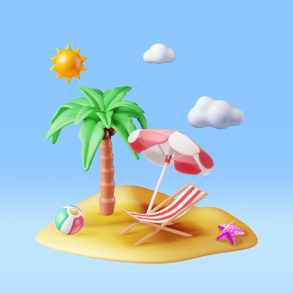 3d dek stoel, zwemmen bal, zeester en tropisch palm boom. tropisch eiland. geven concept van zomer vakantie. zomer vakantie, tijd naar reizen. strand ontspanning. realistisch vector illustratie