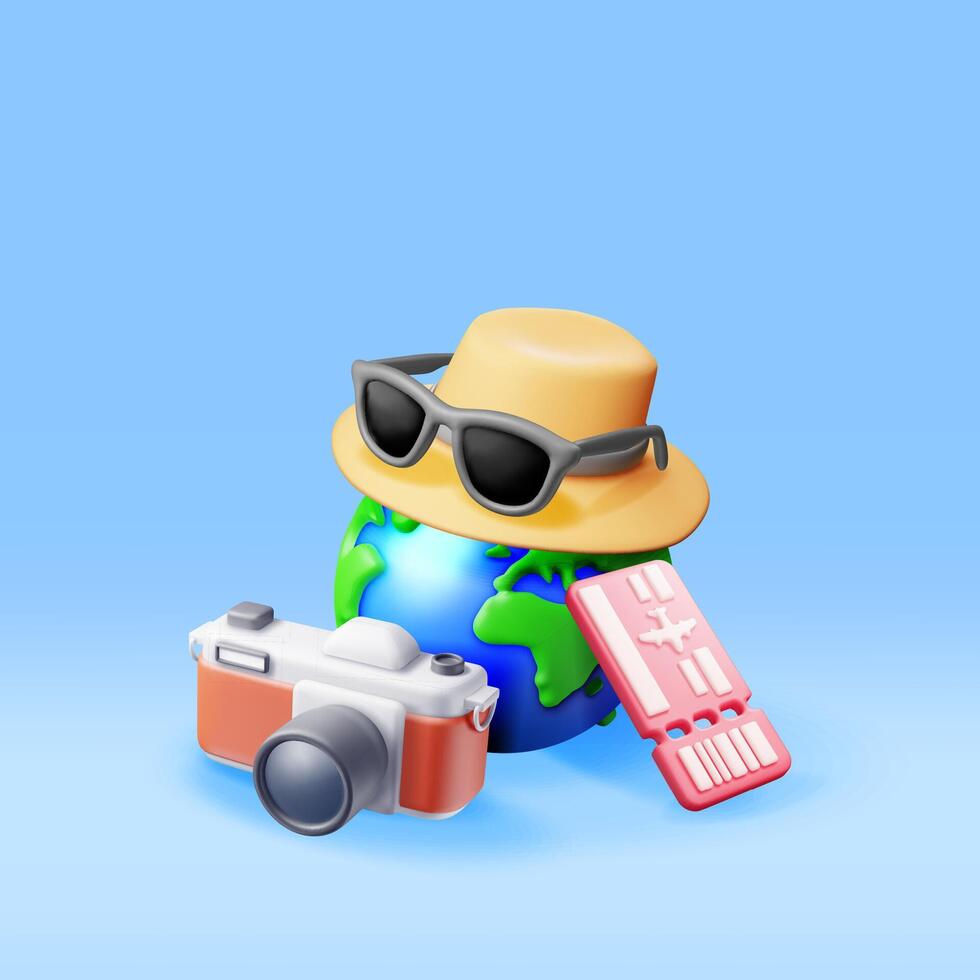 3d vliegmaatschappij ticket, zonnebril met hoed, foto camera en wereldbol. geven papier ticket met vlak icoon, bril. reizen element. vakantie of vakantie. vervoer document. vector illustratie