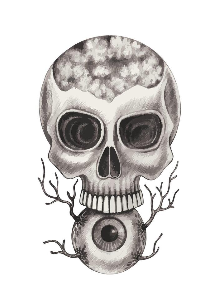 surrealistische kunst schedel tatoeëren ontwerp door hand- tekening Aan papier. vector