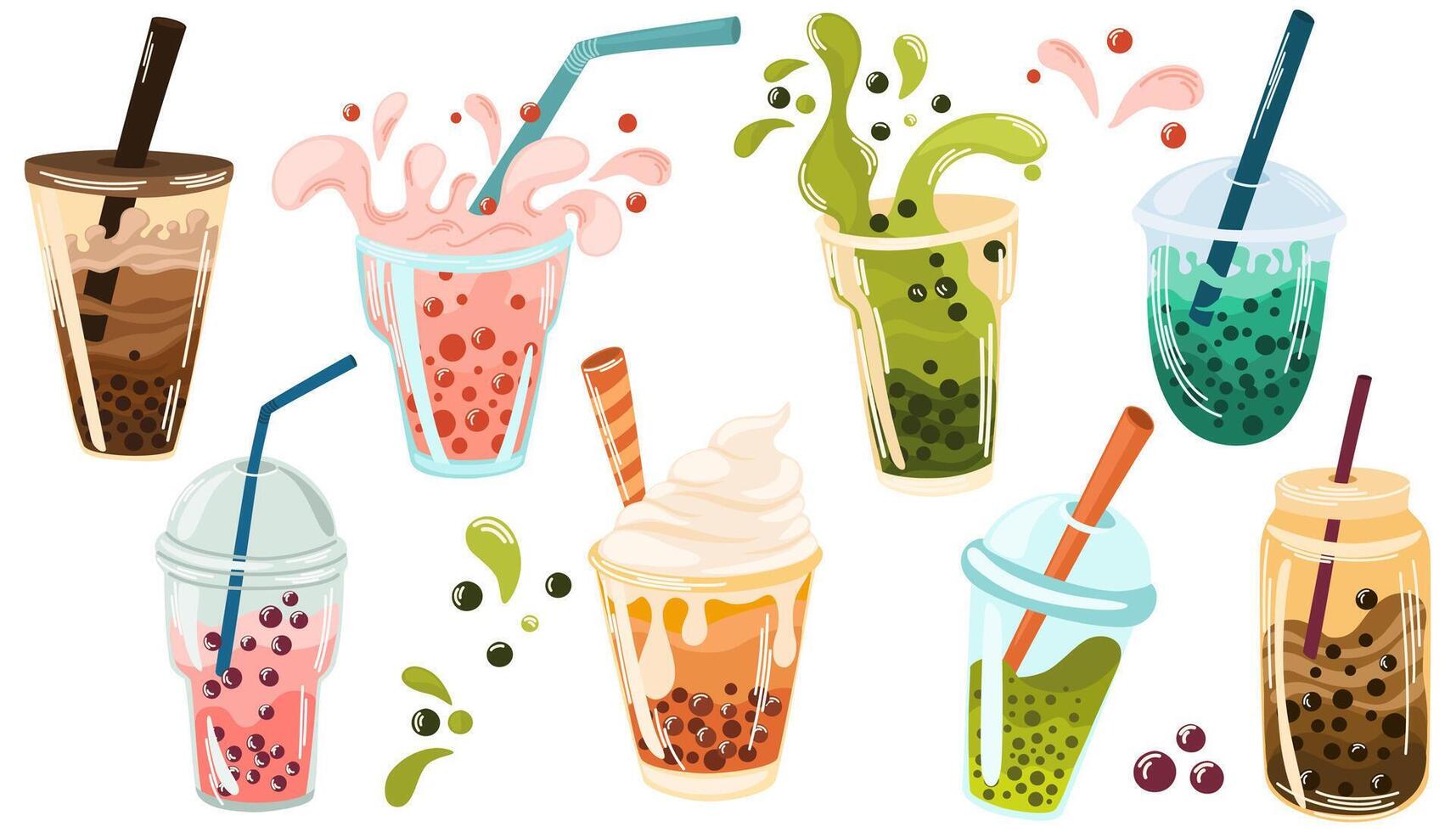 bubbel melk thee set. melk thee met tapioca parels. boba thee. Aziatisch Taiwanees drankje. hand- getrokken gekleurde modieus vector illustratie