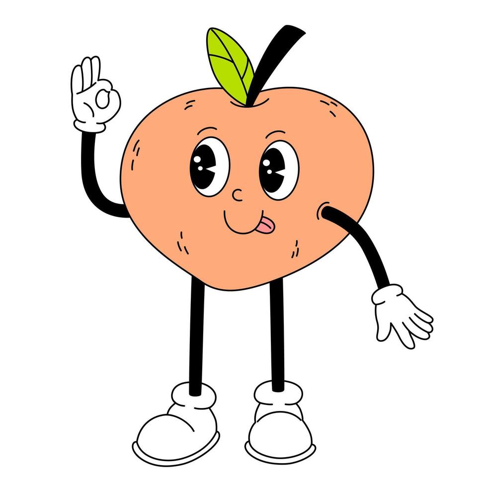 groovy perzik fruit. hand- trek grappig retro wijnoogst modieus stijl fruit tekenfilm karakter. tekening grappig vector illustratie