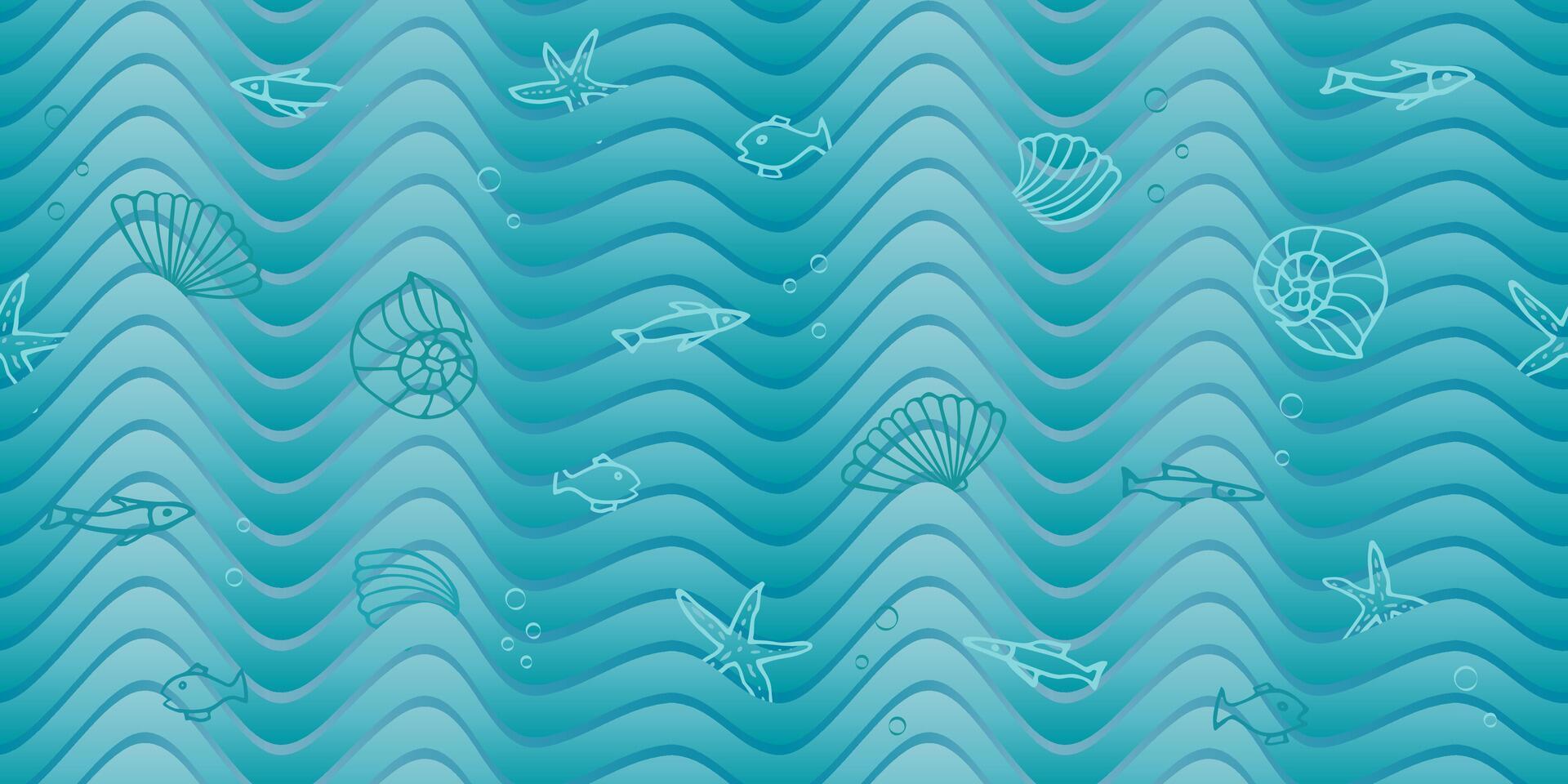 naadloos blauw patroon met gemakkelijk vissen en golven. vector marinier achtergrond met tekening elementen.