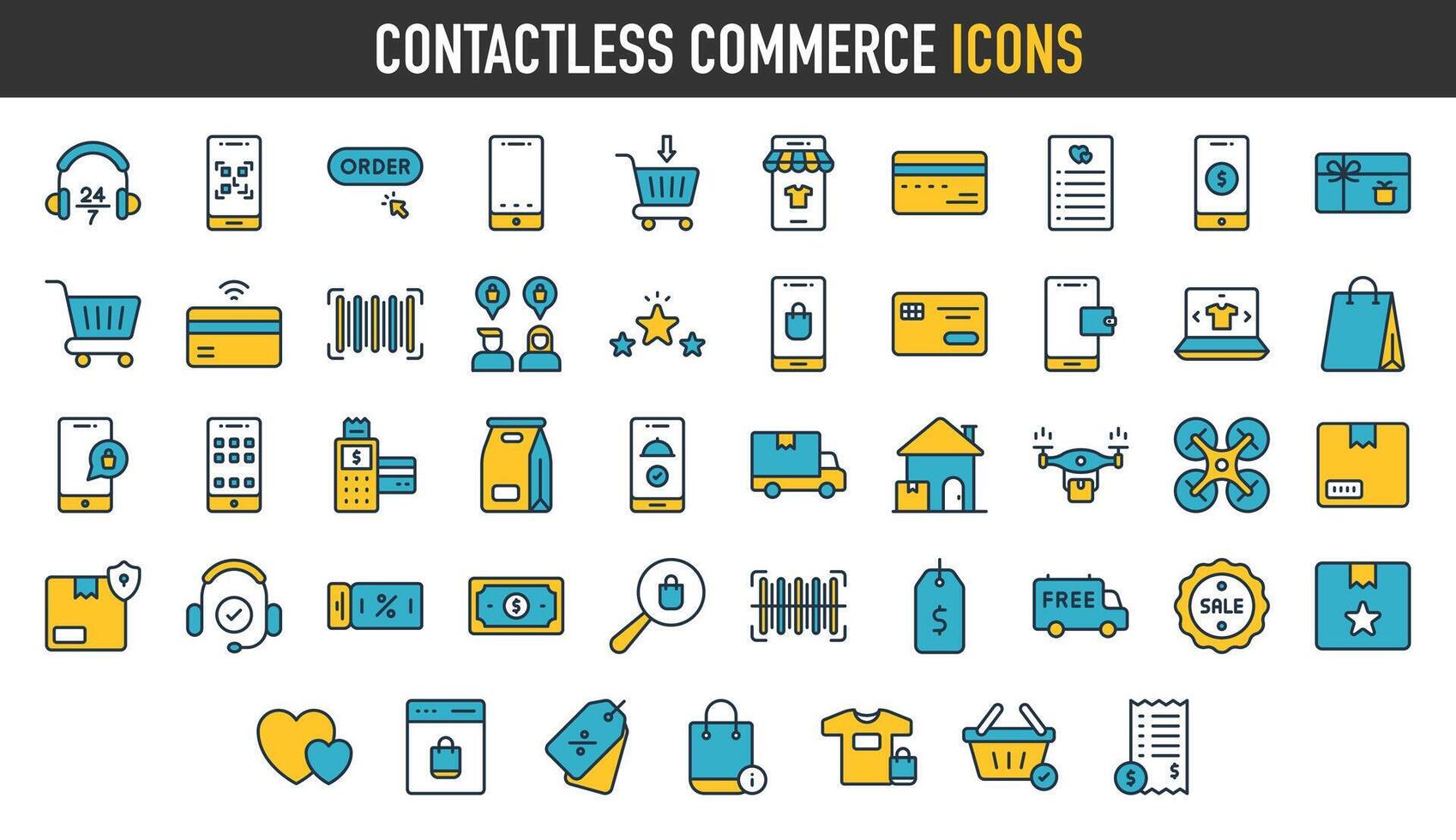 contactloos handel pictogrammen. zo net zo boodschappen doen kar, credit kaart, online bestellen, streepjescode, levering, uitverkoop, mand, en meer. vector icoon illustratie.