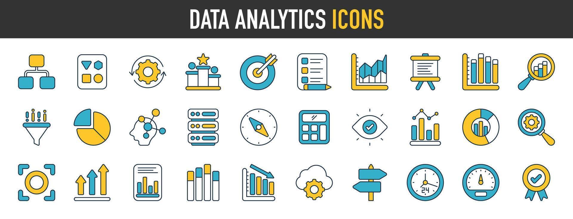 gegevens analytics icoon set. zo net zo databank, statistieken, winst grafiek, analyse, server, optimalisatie, toezicht houden, berekenen en netwerk pictogrammen. solide pictogrammen vector verzameling