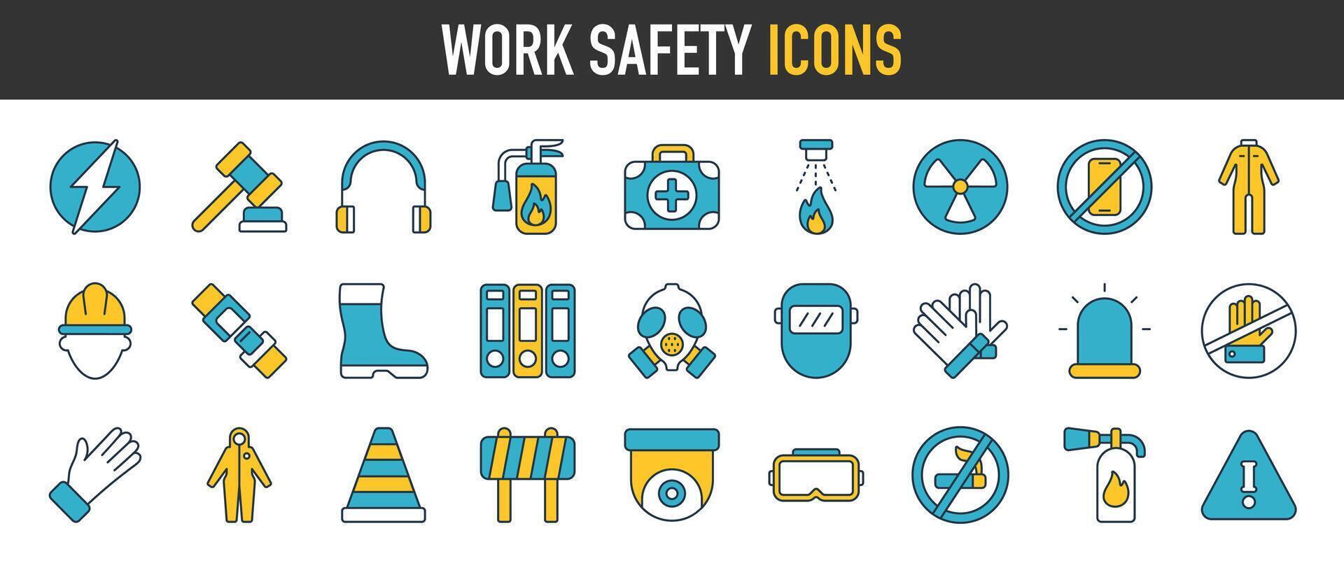 bescherming en werk veiligheid de werkplaats icoon set. werk Oppervlakte veiligheid, pictogrammen. kennisgeving en waarschuwing van Gevaar. vector icoon verzameling illustratie.
