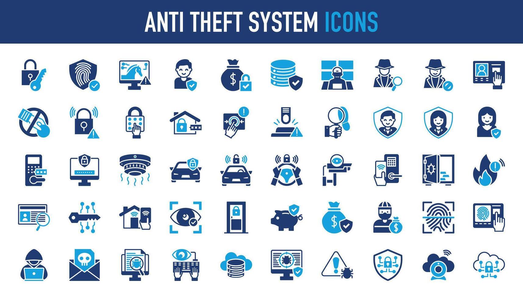 anti diefstal systeem pictogrammen set. zo net zo hacken, terrorist, wachtwoord, detective, veiligheid kamer, malware, intercom, identiteit bescherming, alarm, op slot doen, verschijning, voetstappen, wolk, cyber en meer vector icoon