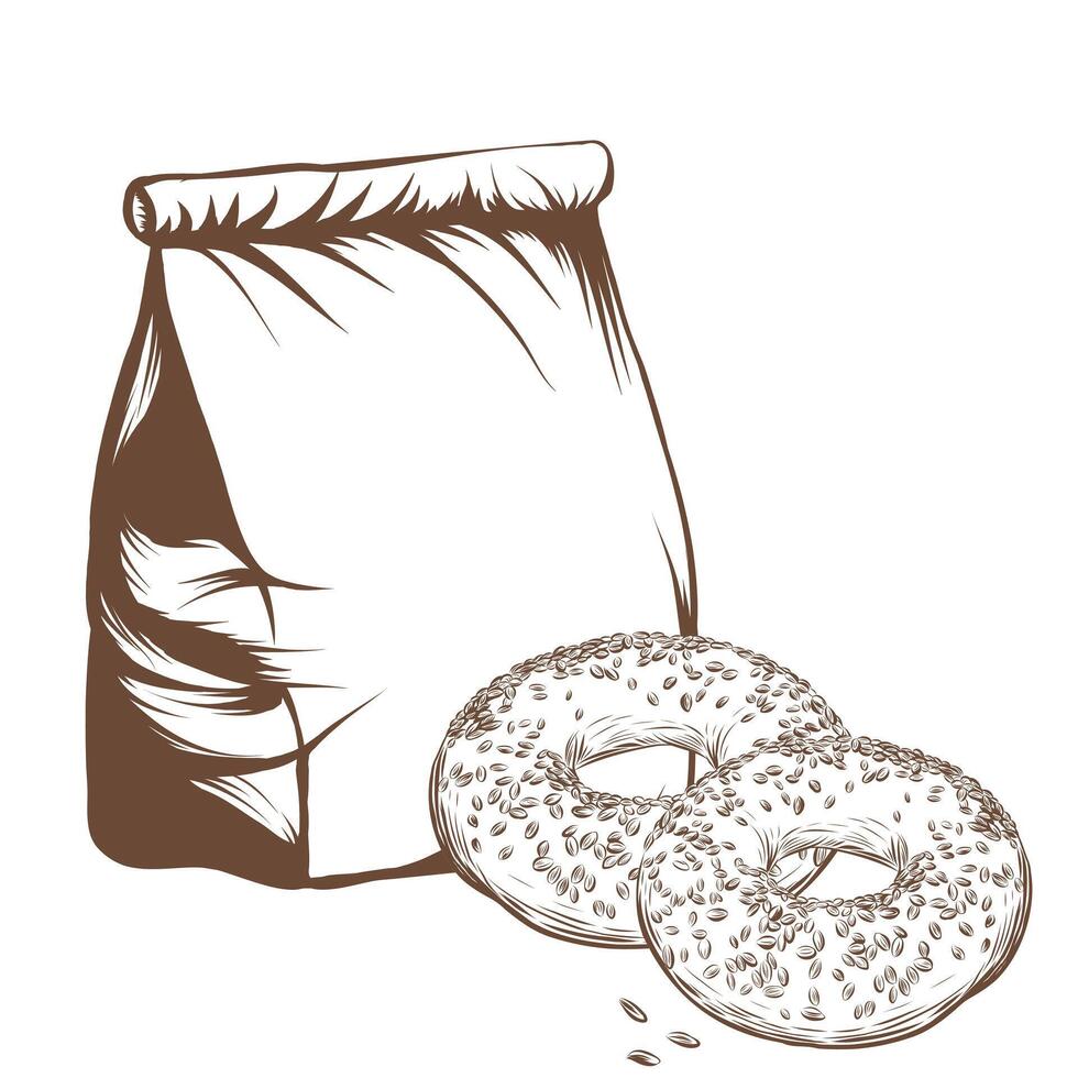 hand- getrokken illustratie van bagel sesam en papier zak nemen weg menu, vector schetsen geïsoleerd Aan wit achtergrond voor levering en nemen uit voedsel concept. wijnoogst gravure stijl