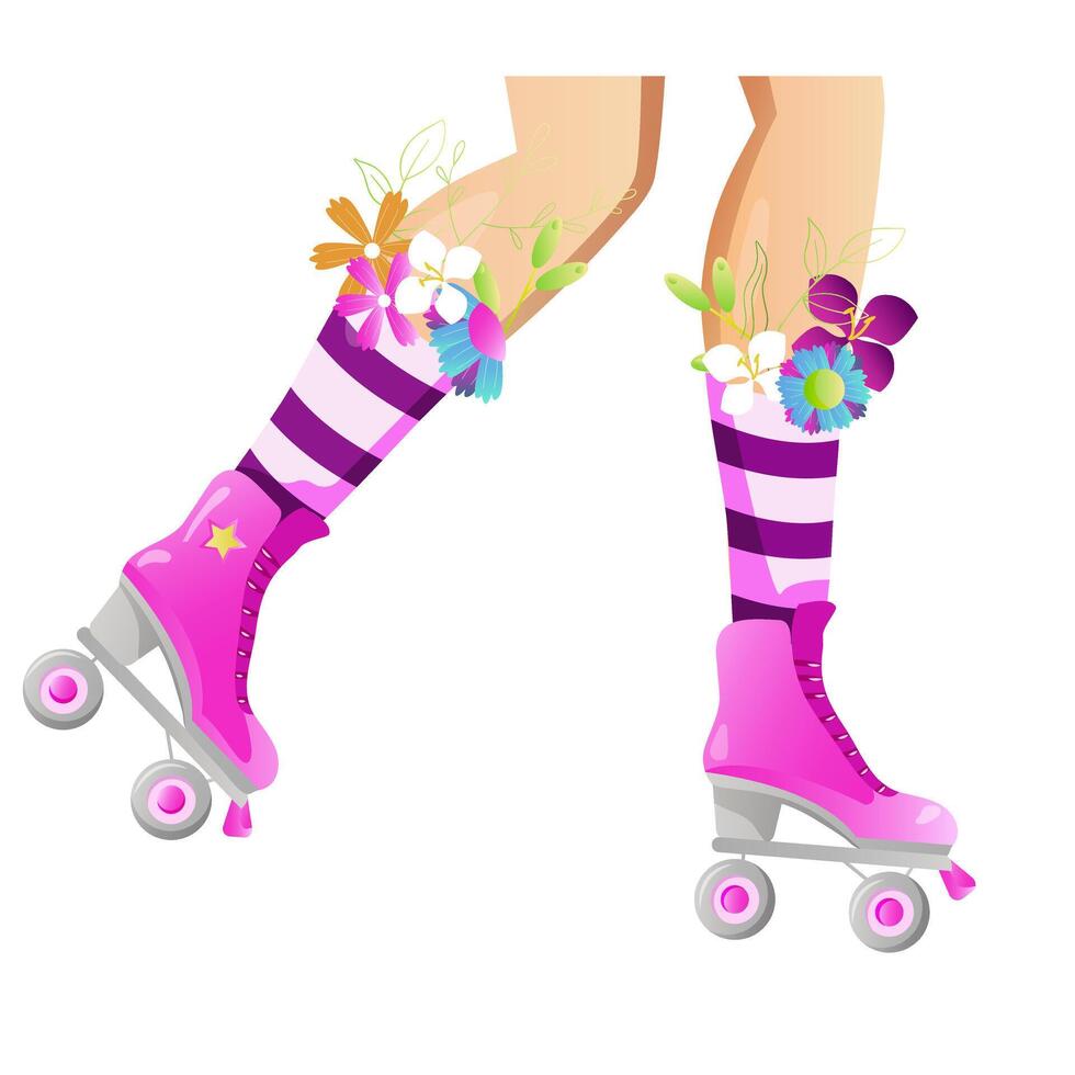 rol skates en poten. meisje vervelend rol schaatsen. vrouw poten en rolschaatsen met bloemen in sokken. vector illustratie geïsoleerd Aan wit voor verpakking, poster, kaart.
