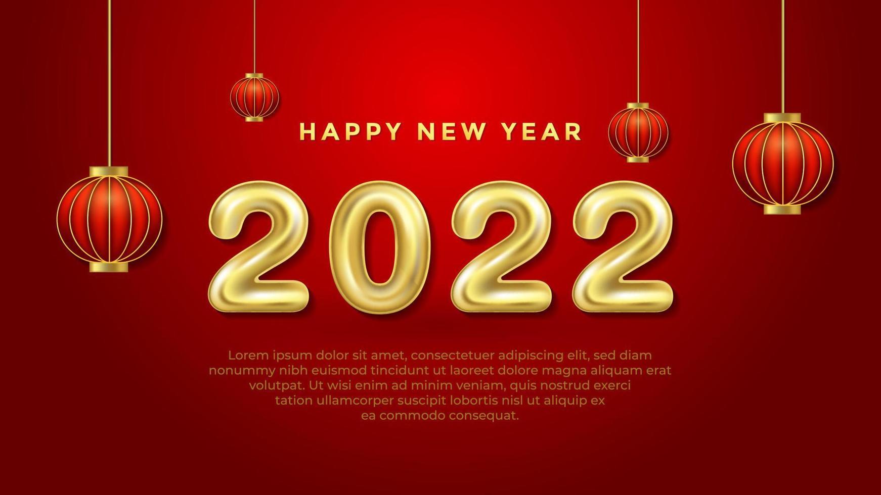 gelukkig nieuwjaar 2022 achtergrondsjabloon met rode chinese lantaarn. vakantie vectorillustratie van 3D-ballon nummers 2022. realistische 2022 gouden helium ballon nummers achtergrond vector