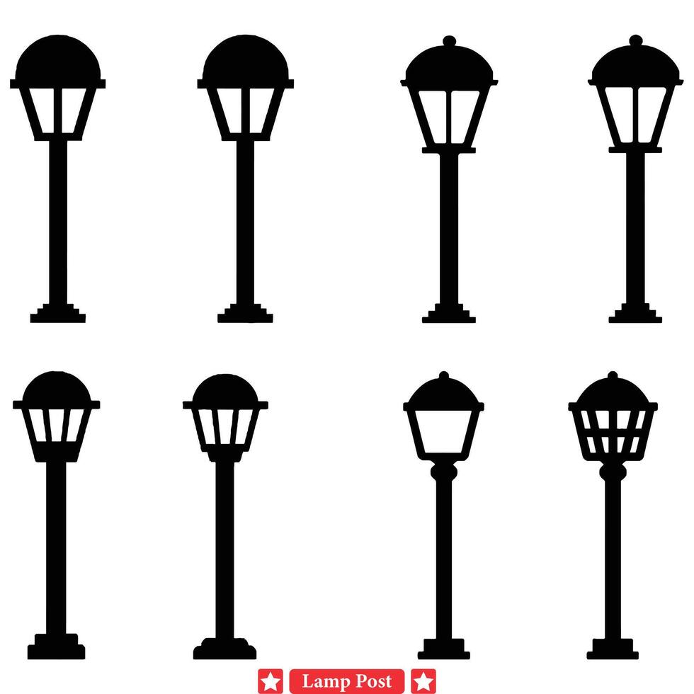 wijnoogst stadsgezicht verlichting elegant lamp post silhouetten vector