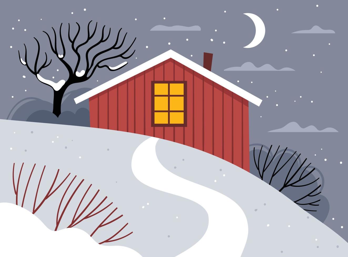 rood Scandinavisch huis op een besneeuwd landschap. winters landschap. het comfort van het nieuwe jaar. vector