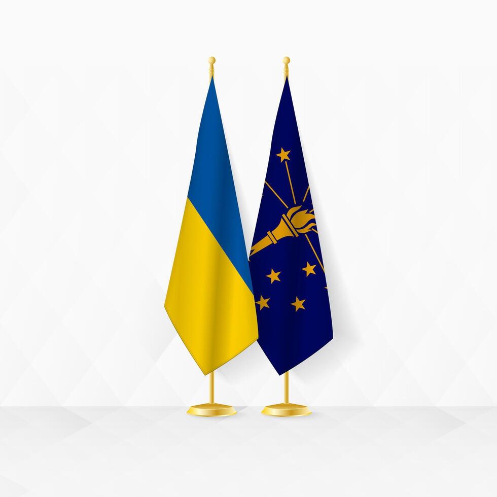 Oekraïne en Indiana vlaggen Aan vlag stellage, illustratie voor diplomatie en andere vergadering tussen Oekraïne en Indiana. vector