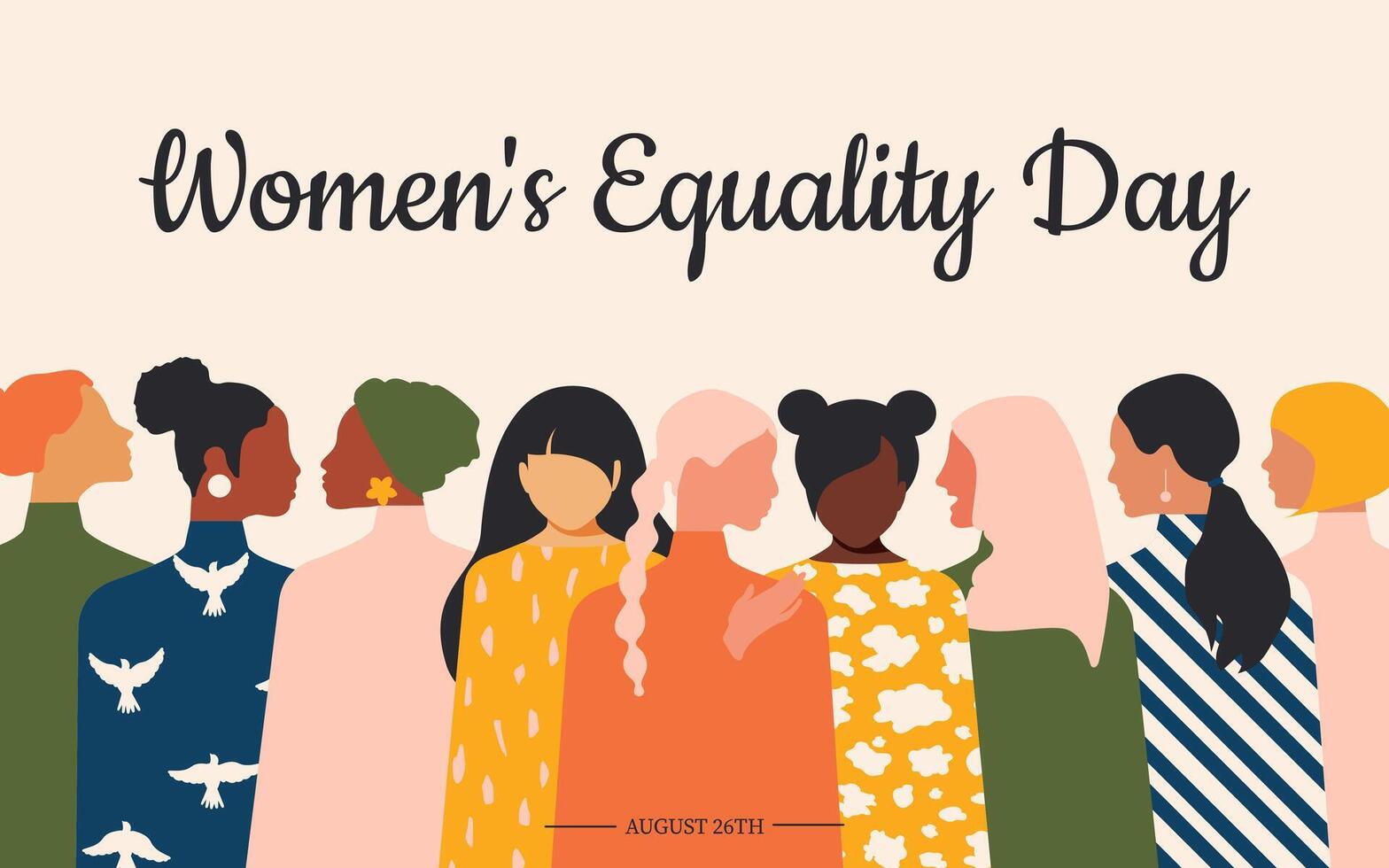 vrouwen gelijkheid dag. Dames van verschillend leeftijden, nationaliteiten en religies verzamelen samen. vector. vector