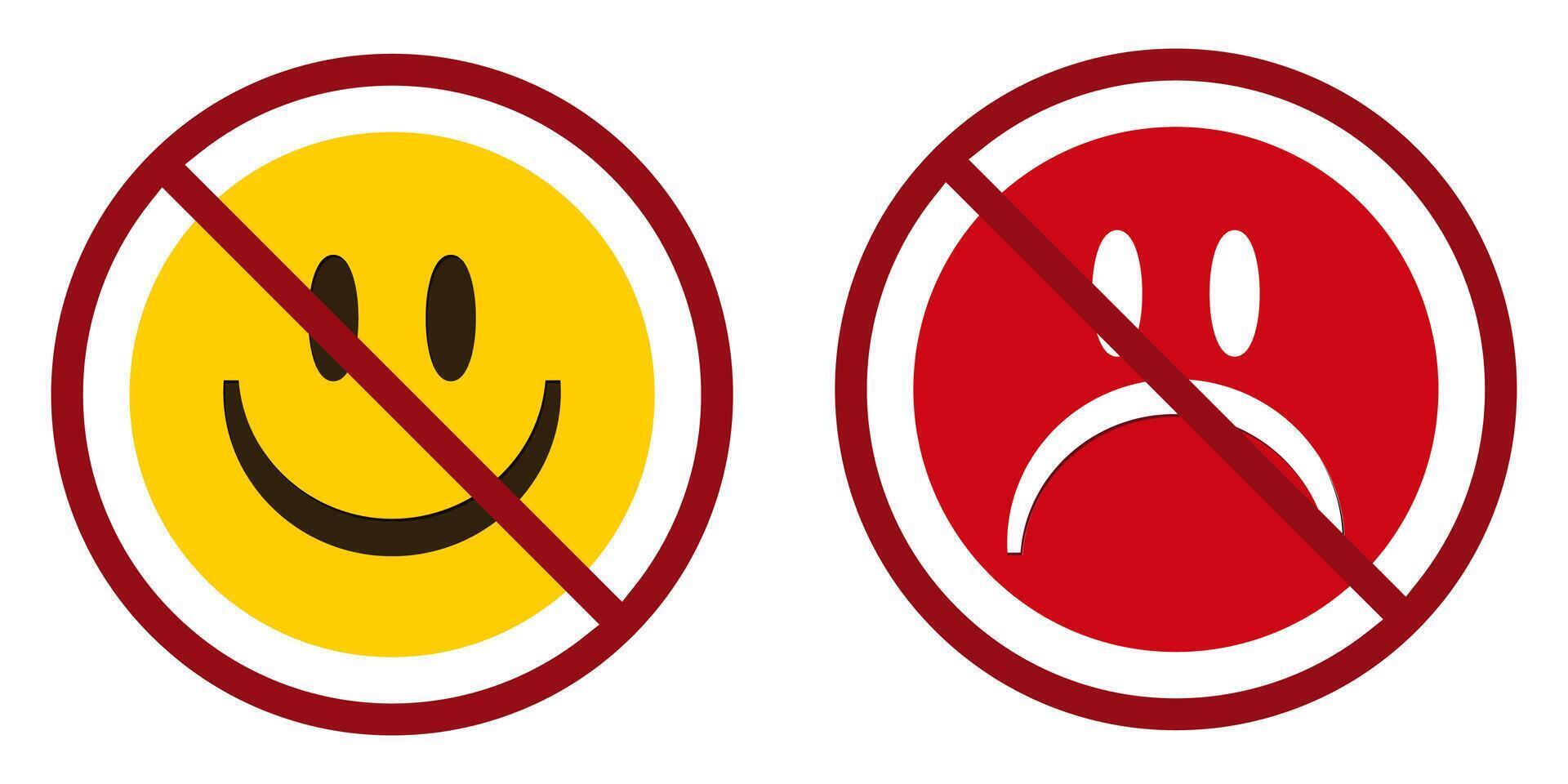 gelukkig en verdrietig gezicht verbod verbieden icoon. niet toegestaan emoticons . vector