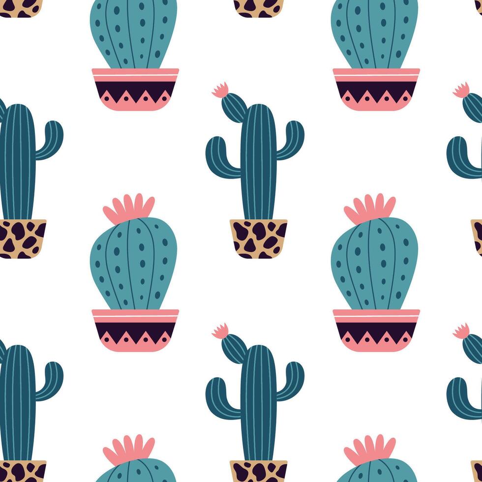 schattig cactussen in boho stijl. cactus naadloos patroon. modieus boho achtergrond. cactussen kleding stof afdrukken ontwerp. sappig textiel. vlak ontwerp, tekening stijl, wit achtergrond vector