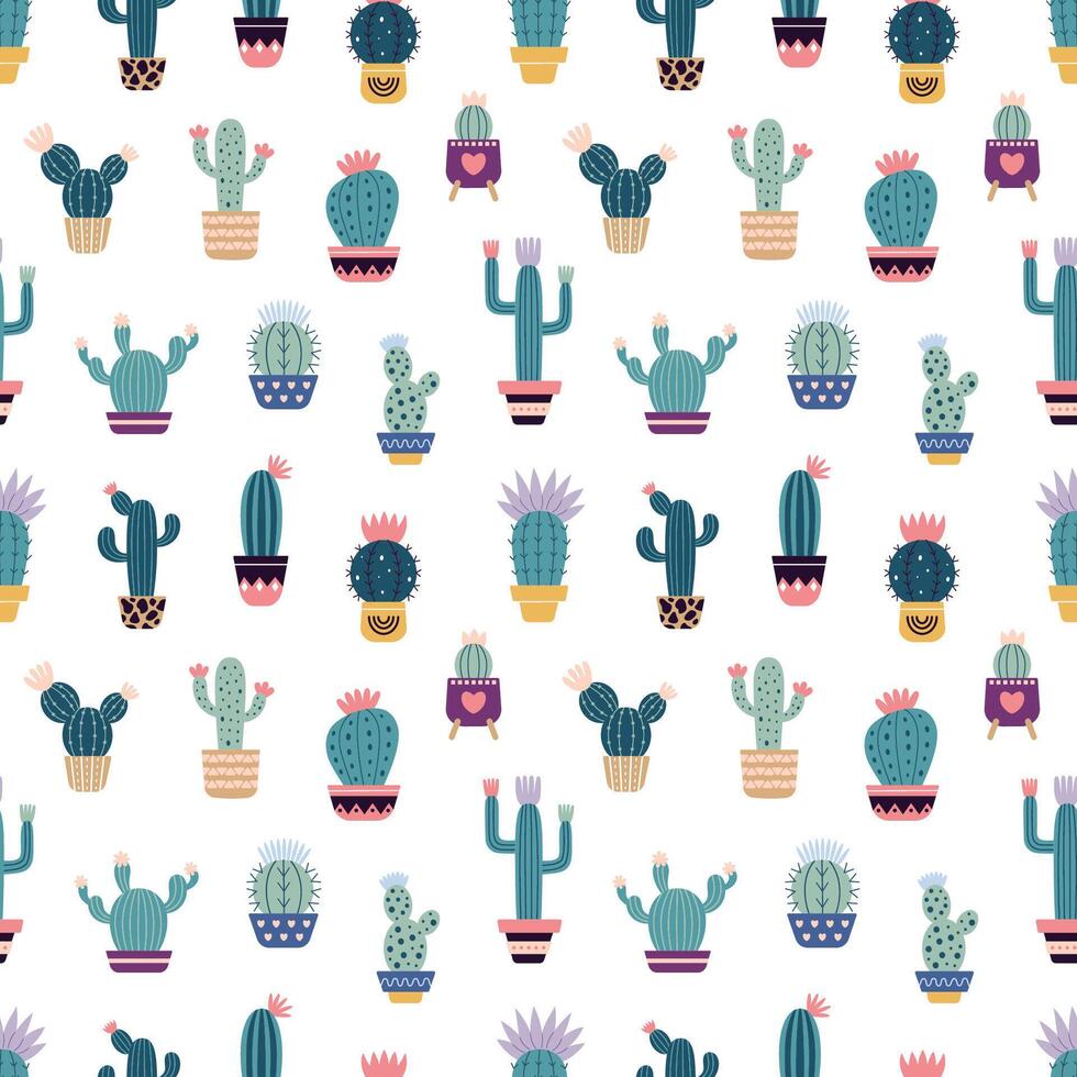 schattig cactussen in boho stijl. cactus naadloos patroon. modieus boho achtergrond. cactussen kleding stof afdrukken ontwerp. sappig textiel. vlak ontwerp, tekening stijl, wit achtergrond vector