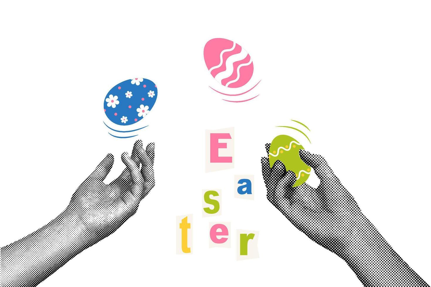 modieus halftone collage. handen jongleren geschilderd eieren voor Pasen vakantie. sociaal media communicatie, uitnodiging sjabloon, gefeliciteerd.abstract sjabloon. vector illustratie
