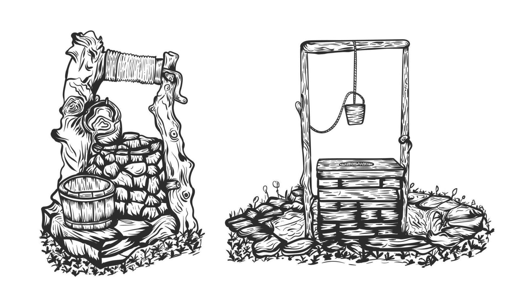 rustiek steen goed met emmer en drinken water wijnoogst hand- getrokken vector illustratie