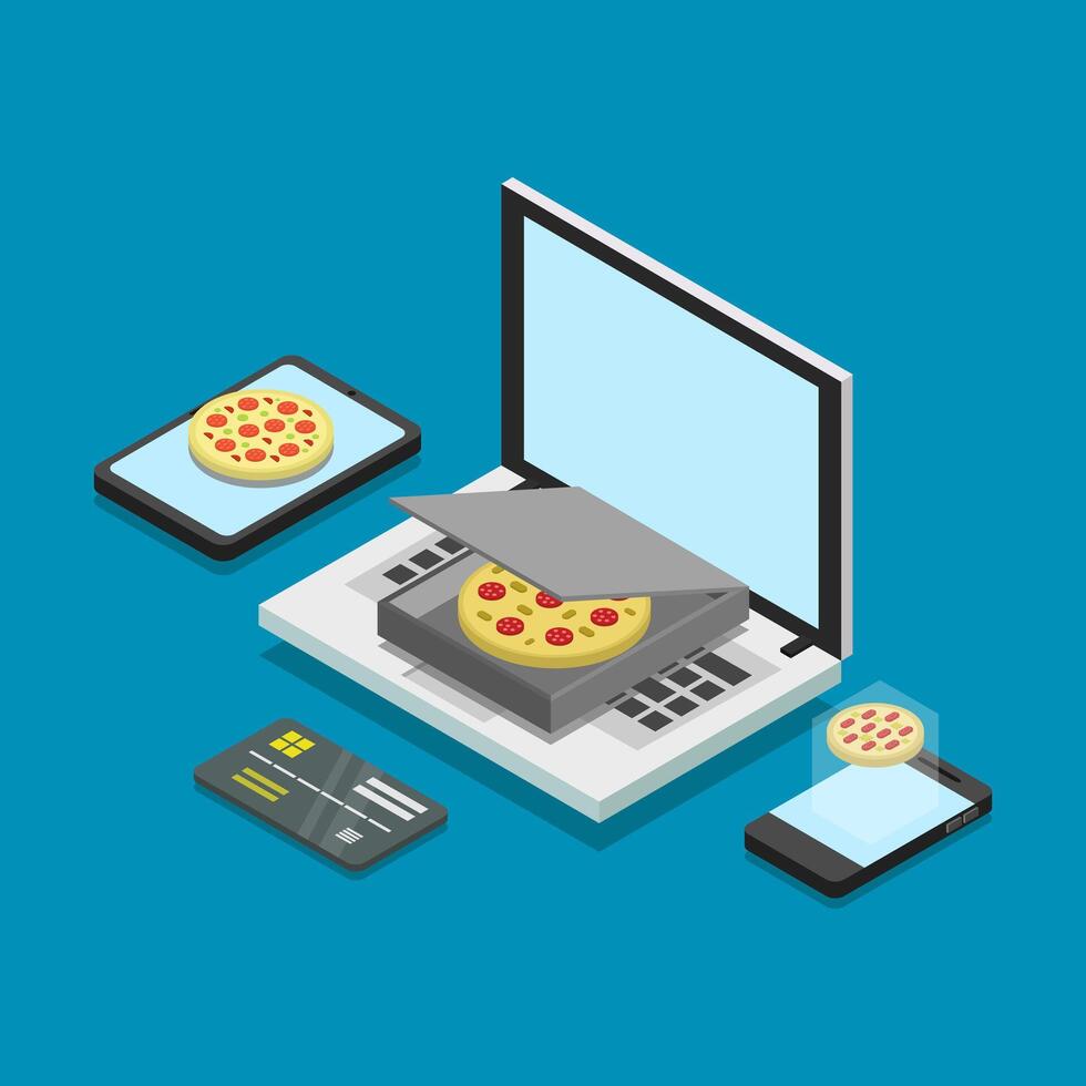 kopen pizza online isometrische geïllustreerd vector