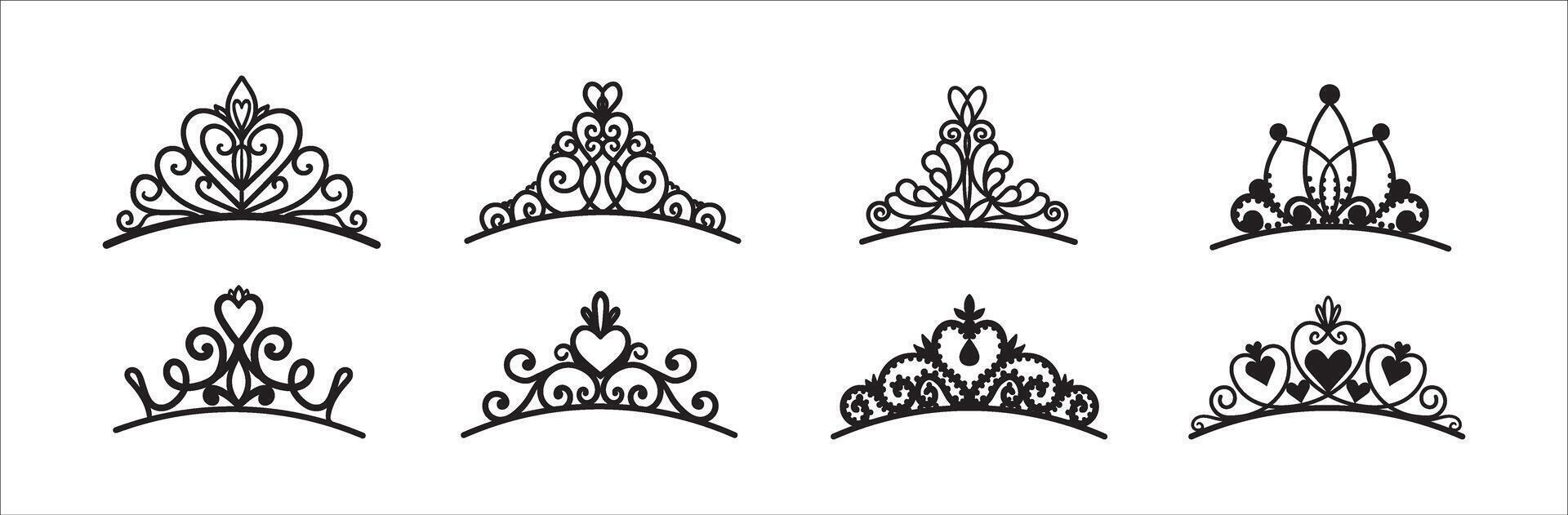 reeks van verschillend silhouetten van tiara's en kronen. luxe prins en prinses hoofdtooien in tekening stijl. vector