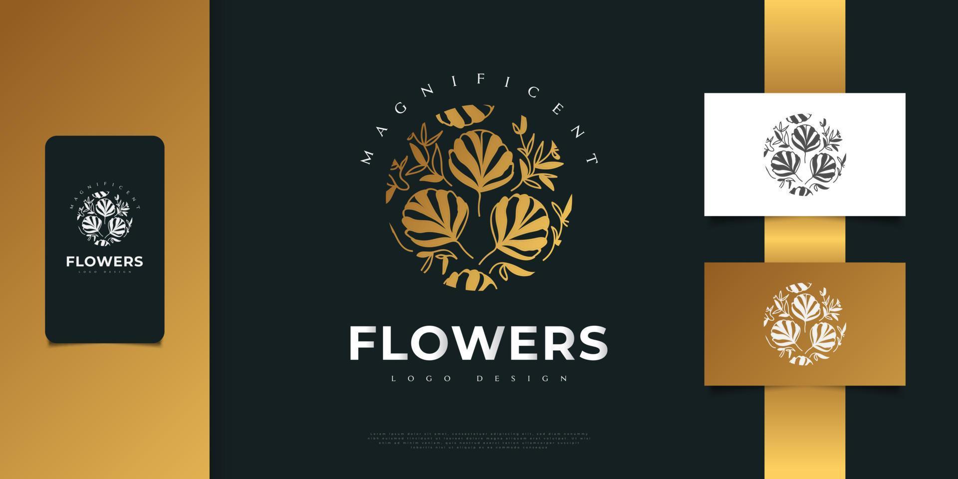 luxe gouden bloemen logo-ontwerp met minimalistische stijl. bloemenlogo, kan worden gebruikt voor schoonheids-, sieraden-, mode- en spa-industrieën; vector