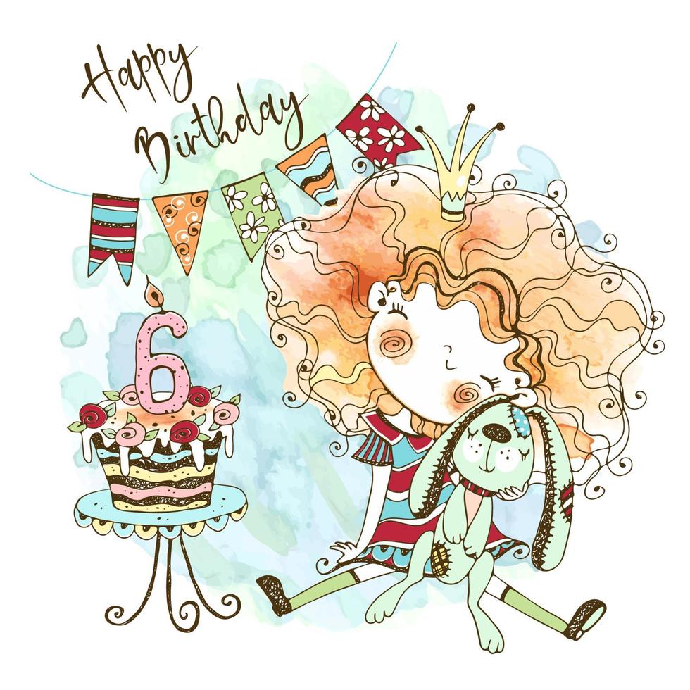 verjaardagswenskaart met een schattig roodharig meisje met een konijntje voor haar zesde verjaardag in aquareltechniek en doodle-stijl. vector. vector