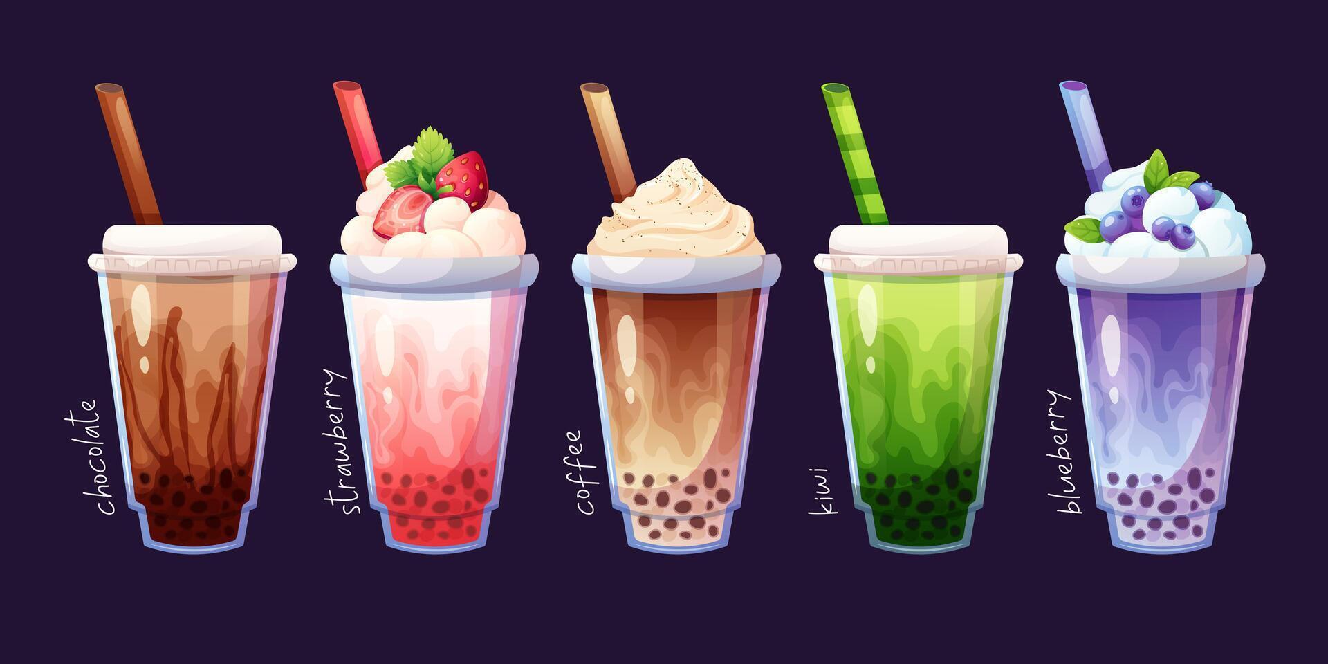 boba thee, bubbel thee melk verzameling. vector illustratie van bubbel thee met chocola, koffie, kiwi, aardbeien en bosbessen