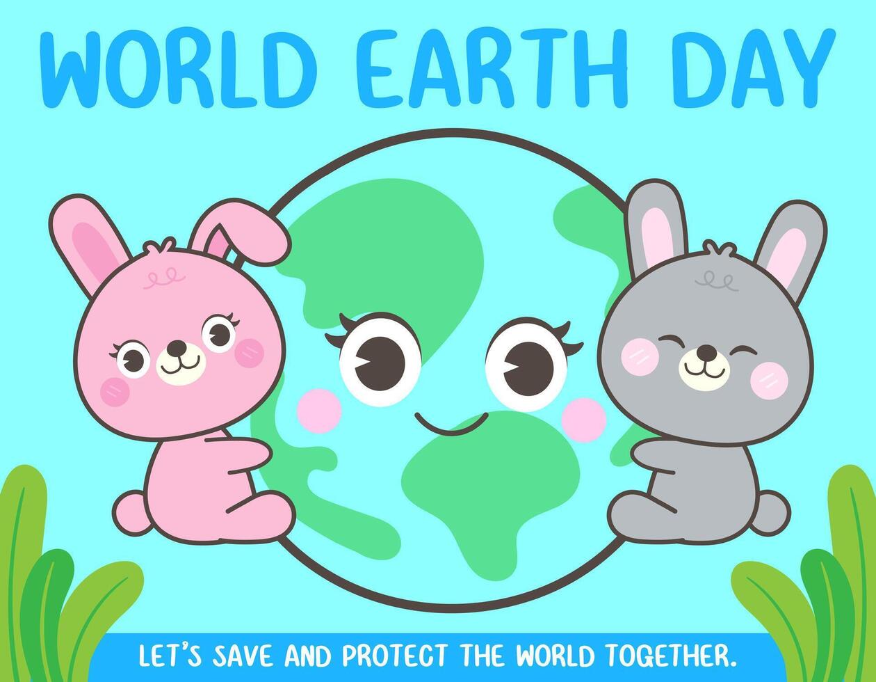 wereld aarde dag schattig poster 2 konijnen knuffelen de aarde vector illustratie