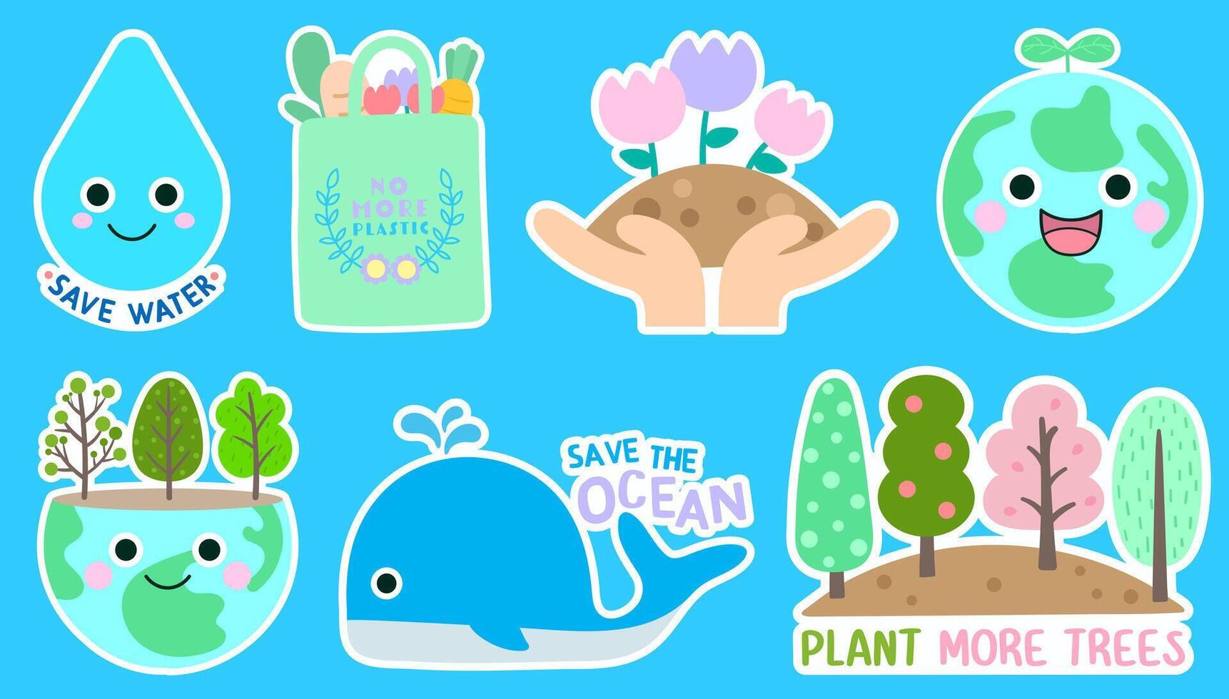 wereld aarde dag schattig ecologie levensstijl en natuur bescherming sticker reeks vector illustratie