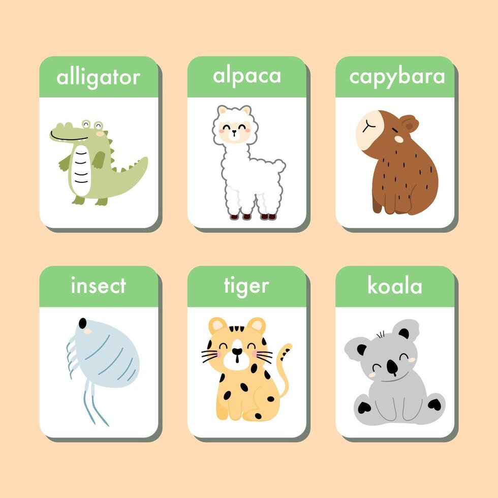 dieren flashcards verzameling voor kinderen. flash kaarten reeks met schattig tekens voor beoefenen lezing vaardigheden. alligator, alpaca, capibara, insect, tijger en koala. vector illustratie.