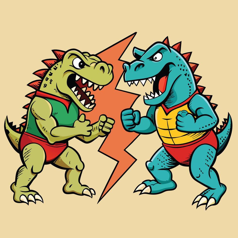 tekenfilm dinosaurussen vechten. grappig boek stijl vector illustratie voor ontwerp.