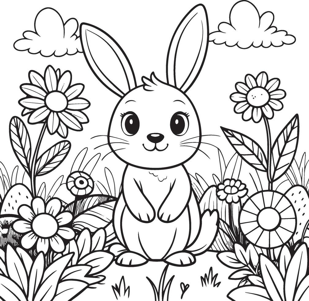 schattig tekenfilm konijn zittend tussen bloemen. illustratie voor kinderen kleur boek. vector