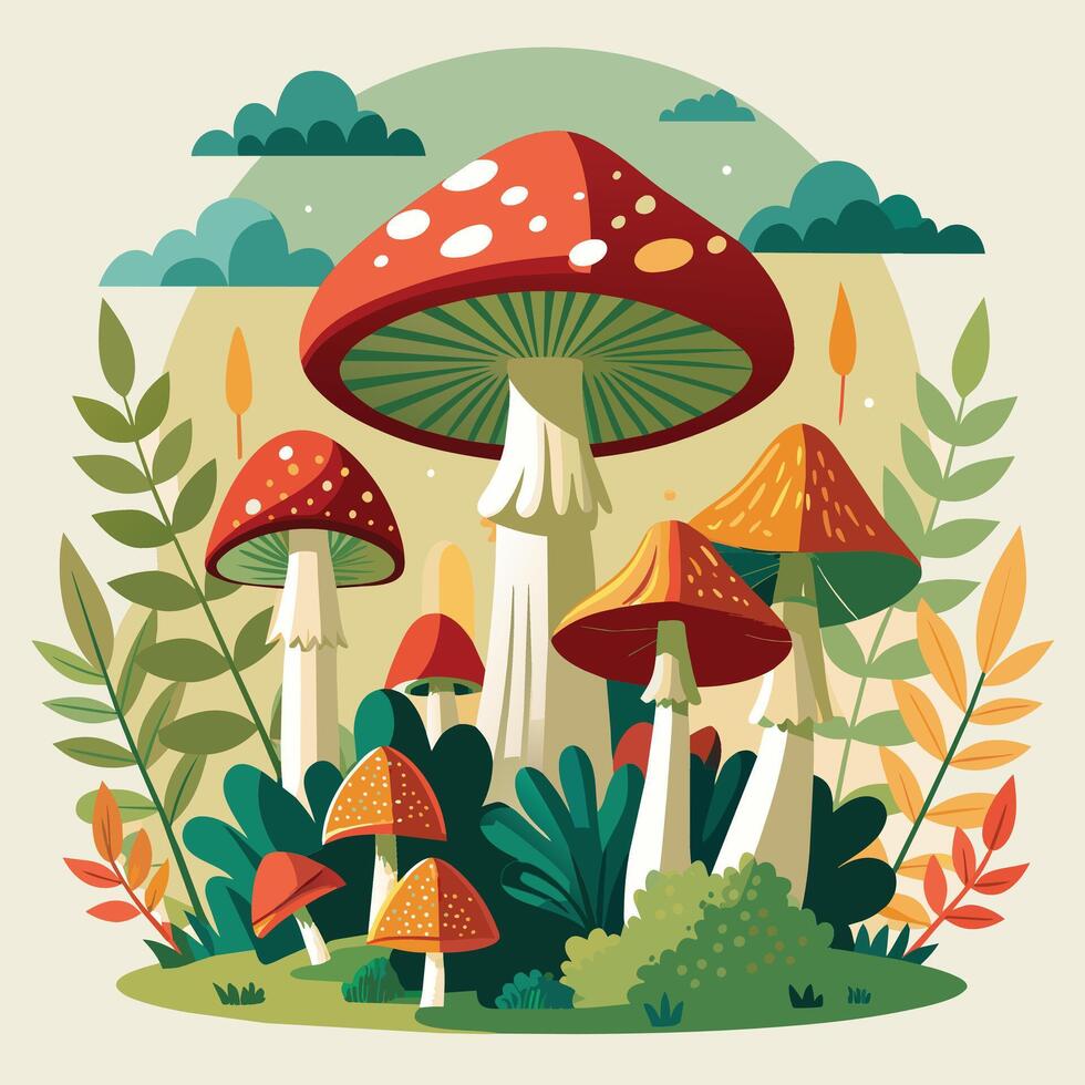 champignons in de Woud. vector illustratie in vlak stijl.