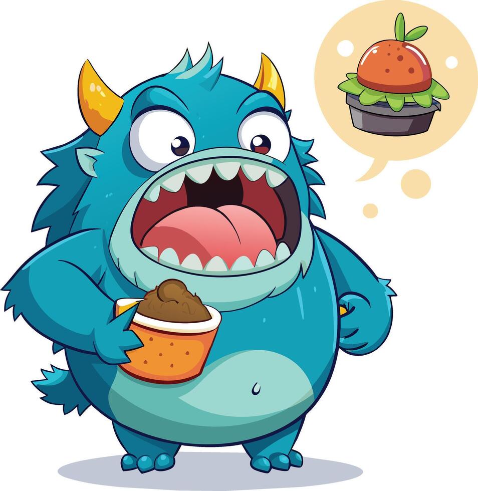 grappig tekenfilm monster met voedsel sticker. vector illustratie.