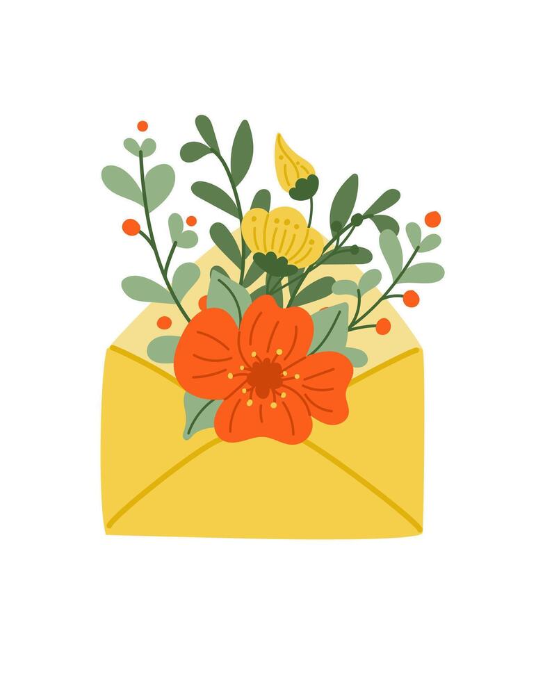 hand- getrokken envelop met bloemen samenstelling. vlak hand- getrokken gekleurde gestileerde elementen Aan wit achtergrond. uniek afdrukken ontwerp voor afdrukken, poster, interieur. voorjaar modern concept vector