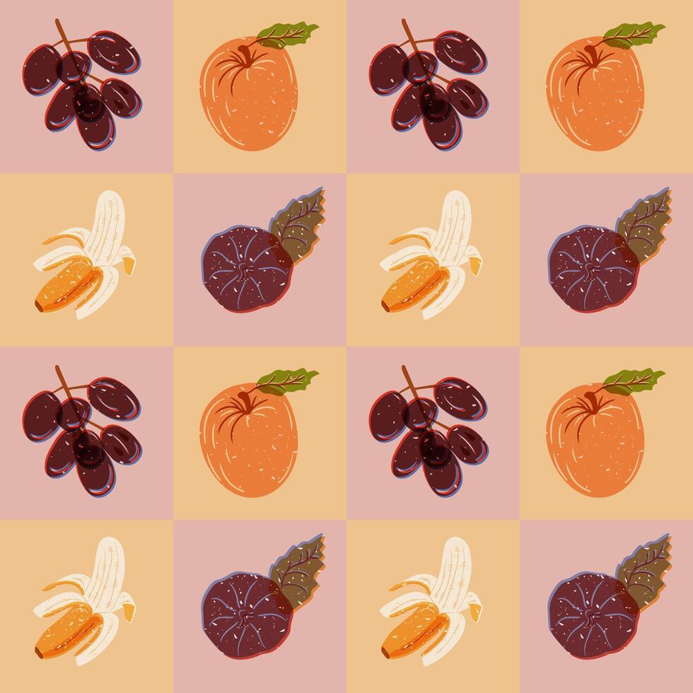 fruit patroon met grunge risografie imitatie. retro stijl. gezond voedsel concept. verschillend tropisch fruit in contrast vierkanten. modieus afdrukken ontwerp voor textiel, behang, omhulsel vector