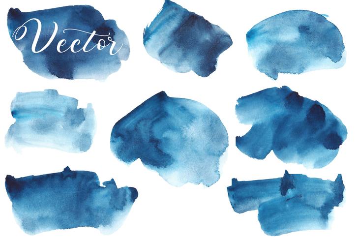 Set van aquarel vlek. Vlekken op een witte achtergrond. Waterverftextuur met borstelslagen. Abstractie. Blauw, turkoois, indigo, zwart. Zee, lucht. Geïsoleerd. Vector. vector