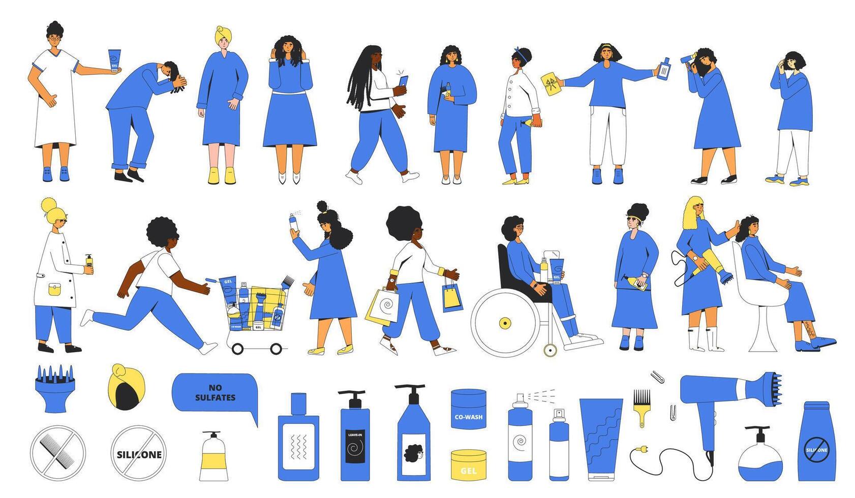 illustratie van Dames met types van gekruld haar, cosmetica, gereedschap en accessoires voor gekruld meisje methode. vector